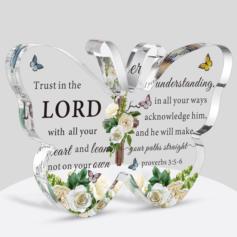 Barydat Acrylic Christian Gifts Bible Verses Religious Gifts for Women Men Inspirational Scripture Butterfly Prayer Room Decor Faith Keepsake Paperweights for Mom Father Home(Trust Lord) - Image 1